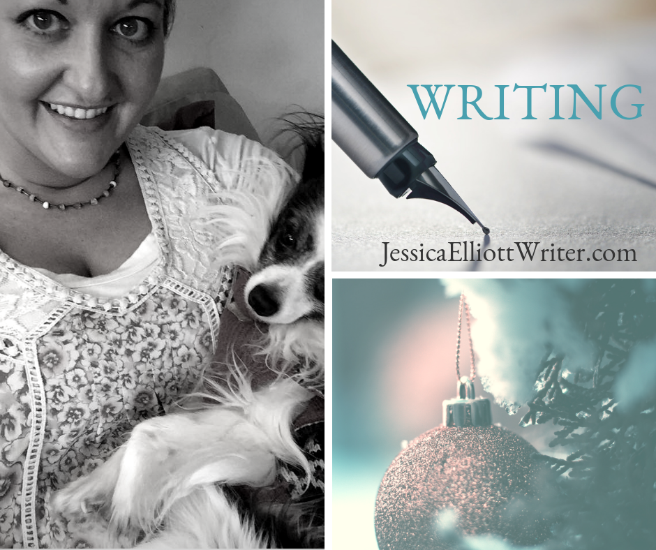 Picture of writer Jessica Elliott holding dog, ornament, pen with the text Writing.