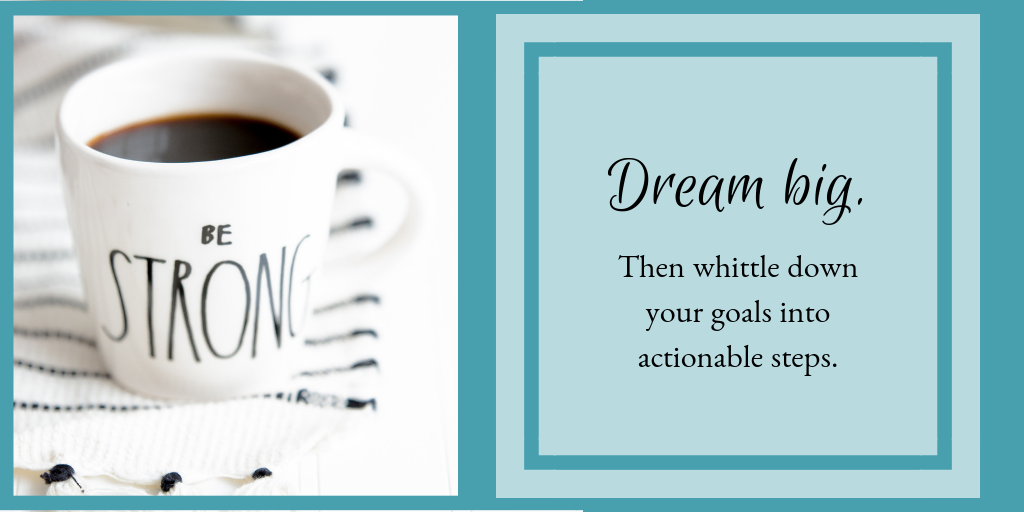 Coffee cup says Be Strong. Words by Jessica Elliott say Dream big, then whittle down your writing goals into actionable steps.