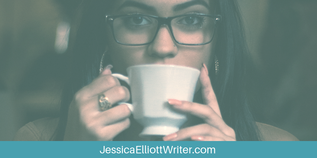 Woman in glasses with a white coffee cup raised to her  mouth. Writer, Jessica Elliott, asks What can I do to be satisfied with today?