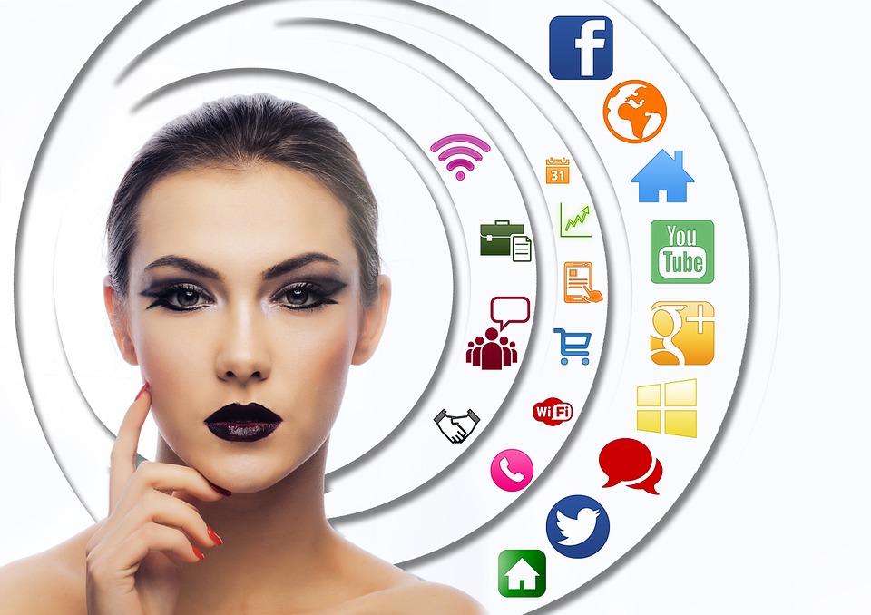 Restaurant technology, social media marketing, and many online choices via logo swirling around head of woman. 